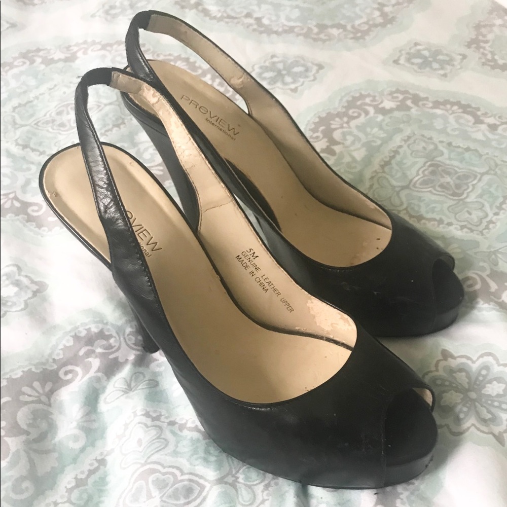 Black strap peep toe heels 4 1/2” high size 5 M